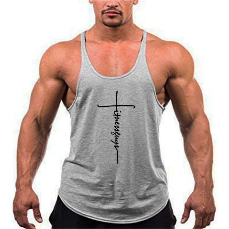 Gray cotton workout tank top for men, perfect bodybuilding clothing for gym, running, or sports like basketball and football.