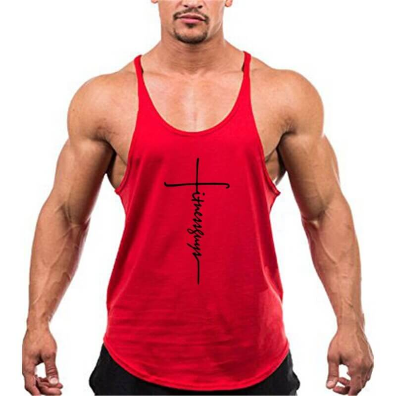 Red cotton workout tank top for men, perfect for bodybuilding and gym sessions, featuring a stylish O-neck design. Model wearing tank.