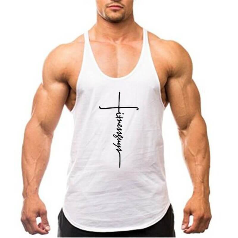 Muscular man wearing a white cotton workout tank top, perfect for bodybuilding and gym sessions. SF0573.