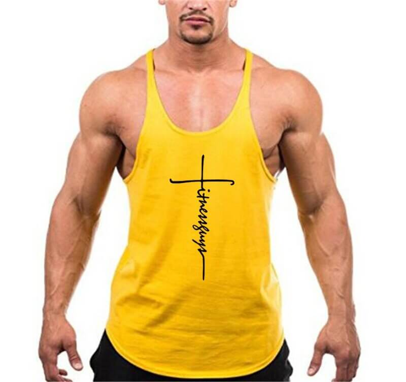Bold yellow cotton workout tank top for men, featuring a stylish design for bodybuilding and multiple sports activities.