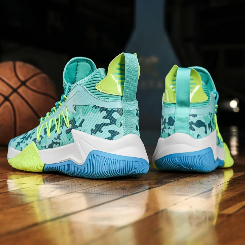 Unisex Cushioning Basketball Sneakers SF0740 on court, featuring high-top design with camo pattern and vibrant color accents, perfect for performance.