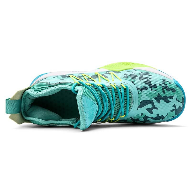 Top view of SF0740 unisex basketball sneaker in teal camo pattern with cushioning high-top support.