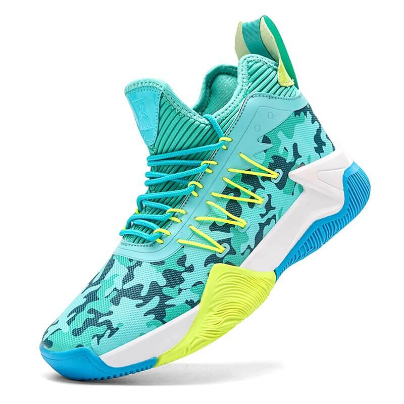 Bright turquoise high-top basketball sneakers with camo pattern and yellow accents, featuring breathable mesh upper and cushioned support.