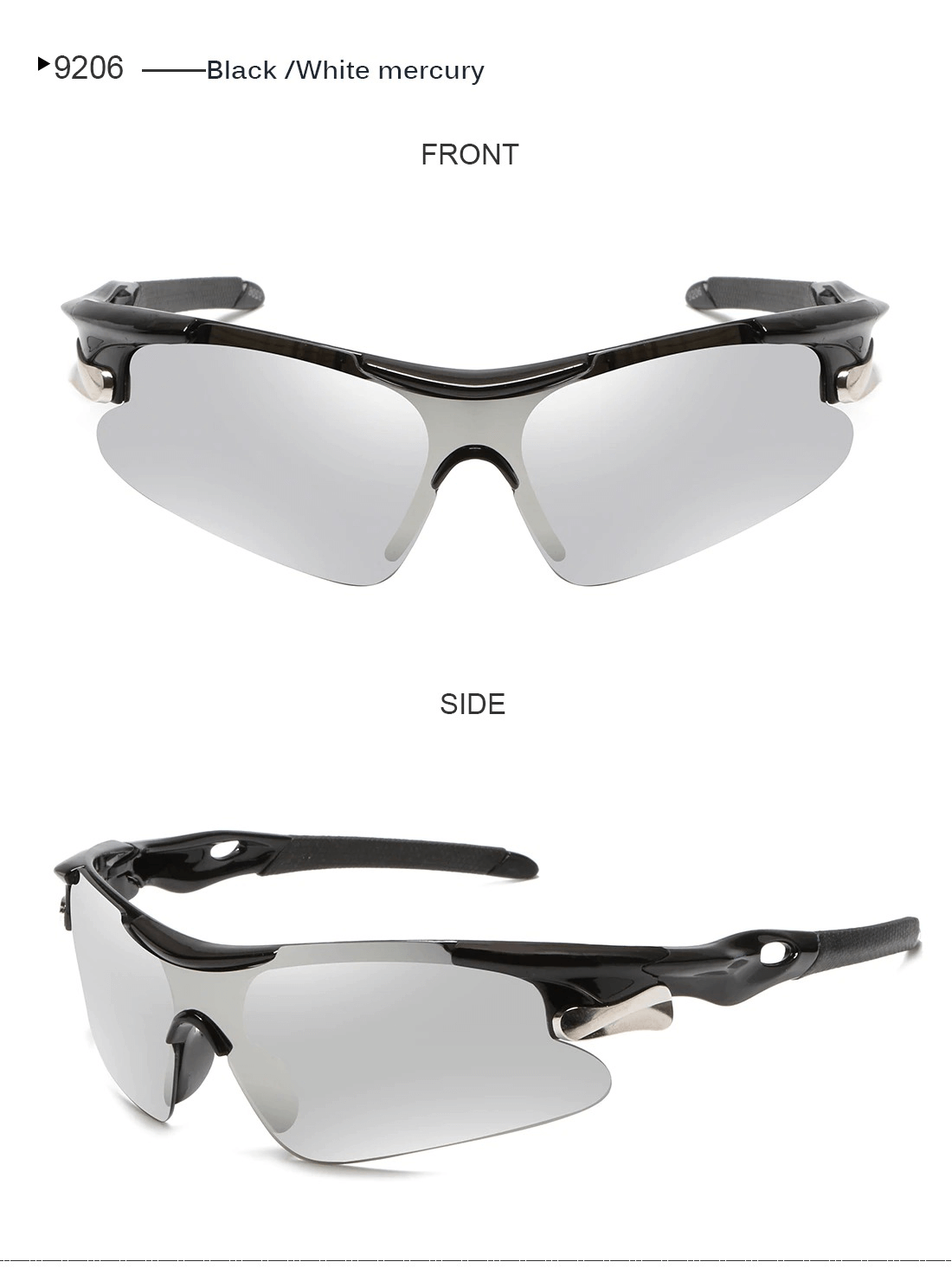 Cycling Polarized Lens Outdoor Sunglasses SF0205, black frame, UV400 protection, shown front and side view.