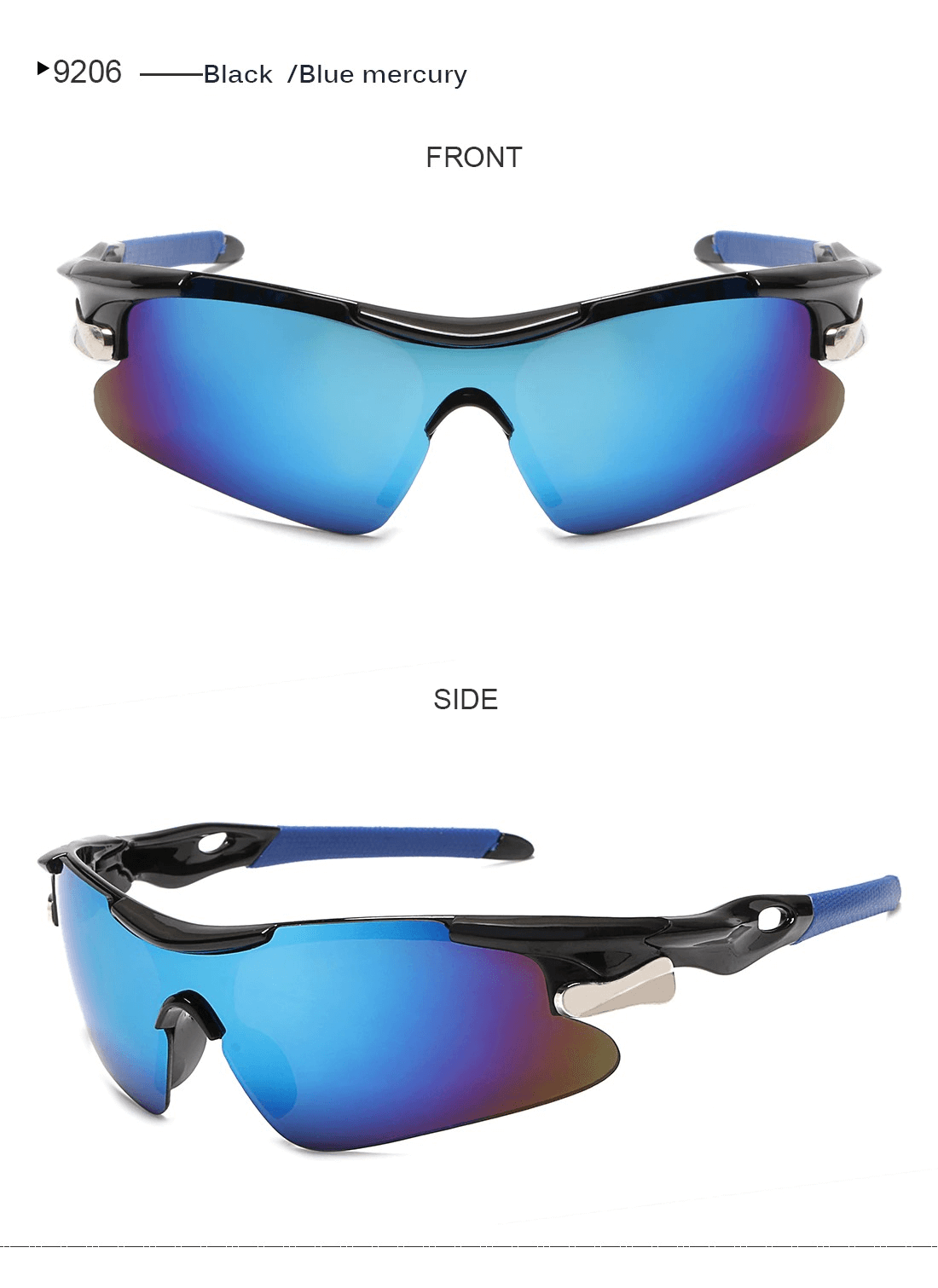 Black and blue polarized cycling sunglasses with UV400 protection, front and side views showing sporty design.