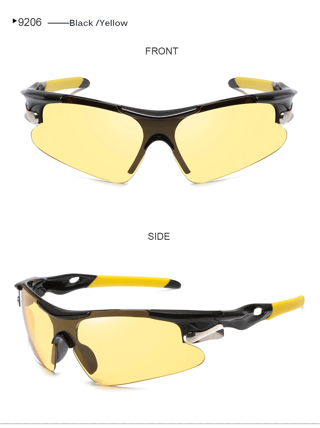 Black and yellow polarized cycling sunglasses with UV protection for outdoor adventures.