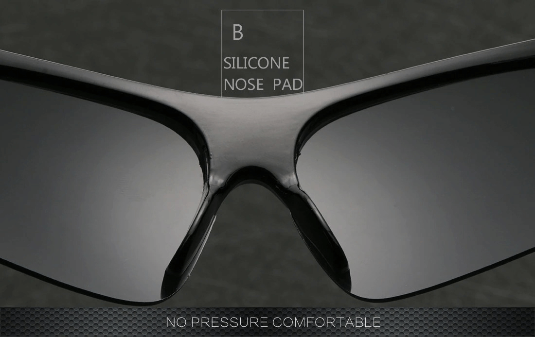Close-up of polarized cycling sunglasses with silicone nose pad for comfort, highlighting no pressure design.