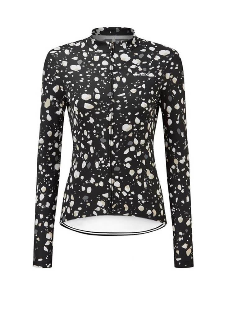 Women's cycling thermal fleece jacket with full-length zipper in black with white speckles, perfect for winter rides.