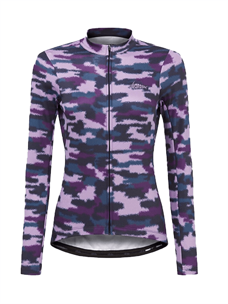 Women's cycling thermal fleece jacket SF0416 in purple camo, featuring full-length zipper and sleeves for winter rides.