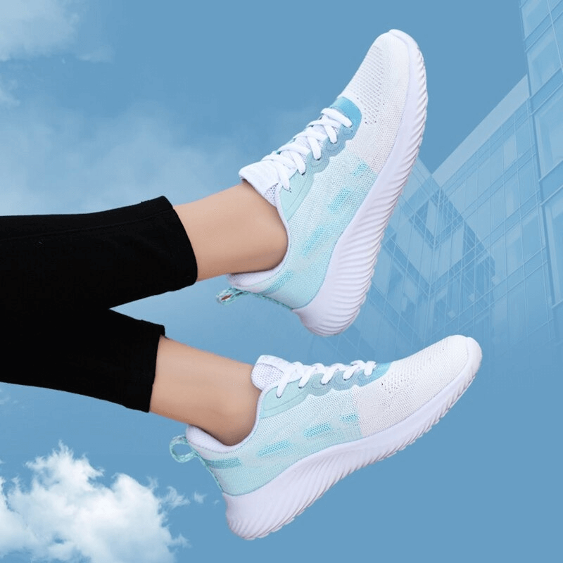 Women's breathable running shoes with sky blue mesh design, featuring a lightweight EVA outsole and bonded leather insole.