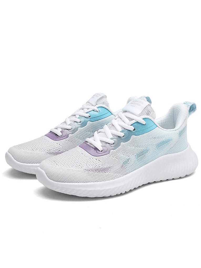 Doble Color Breathable Women's Running Shoes in white with blue and purple accents, featuring a quick-drying mesh upper and durable EVA outsole.