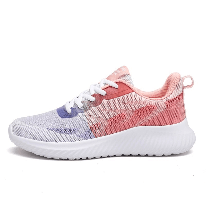 Women's breathable running shoes in pink and white mesh with EVA outsole for flexibility and shock absorption.