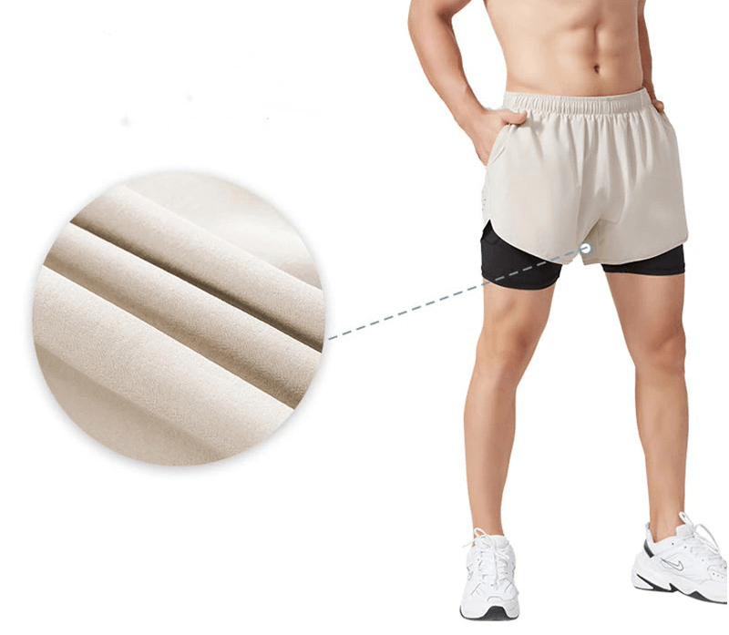 Men's double-deck training shorts with pocket, beige outer layer, black inner layer, ideal for running, gym, or summer workouts.