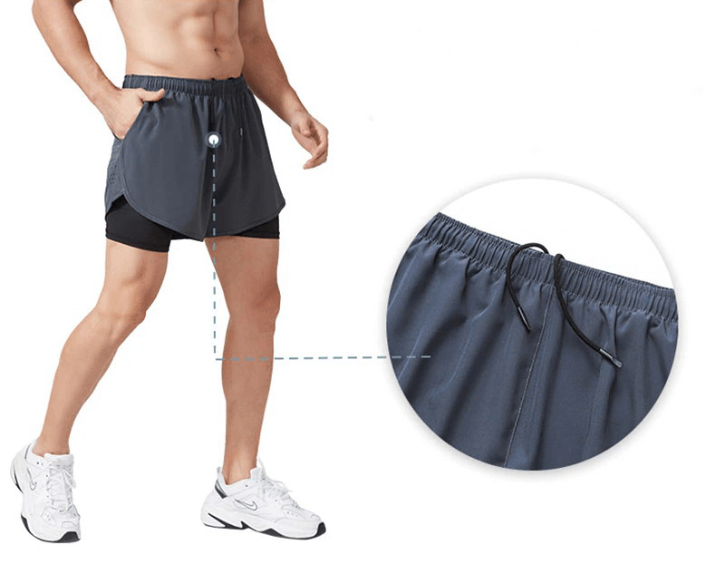 Men's double-deck training shorts with pocket and drawstring, ideal for sports and workouts, showcased on a model in athletic pose.