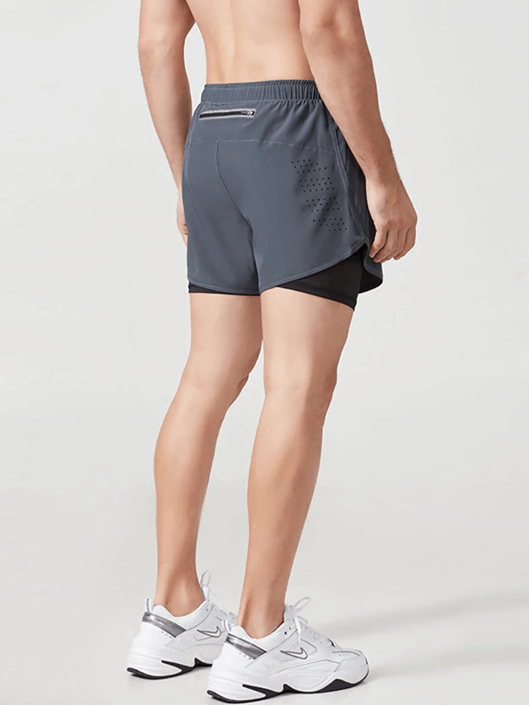 Back view of men's grey double-deck training shorts with pocket, ideal for running and gym workouts, SF0440 model.
