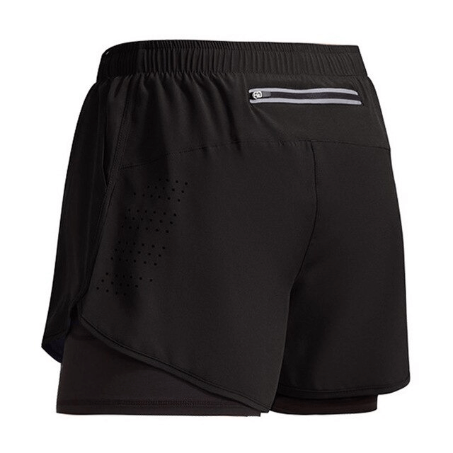 Black double-deck men's training shorts with back pocket and drawstring waist, ideal for summer running, gym, and sports activities.