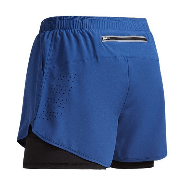 Blue double-deck training shorts with back pocket and drawstring waist for men, ideal for running and workouts. Model SF0440.