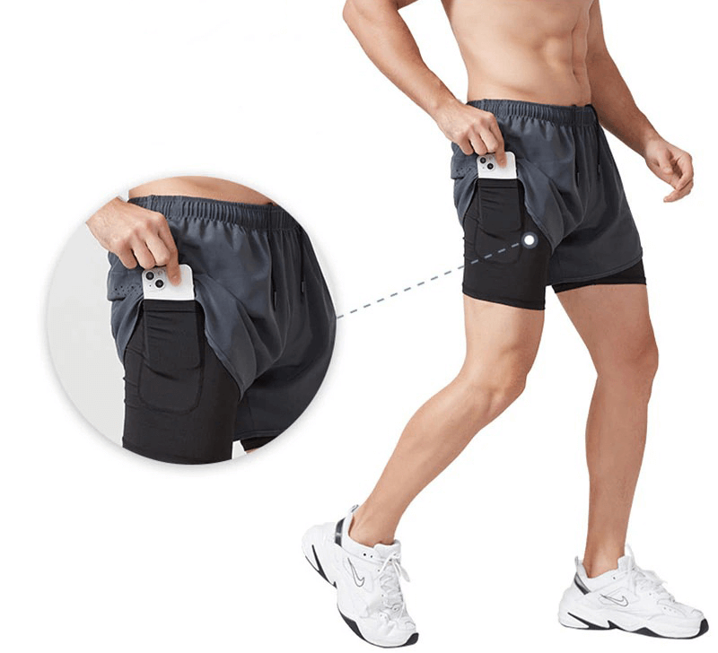 Men's double-deck training shorts with pocket back, ideal for running and workouts. Features adjustable drawstring waist.