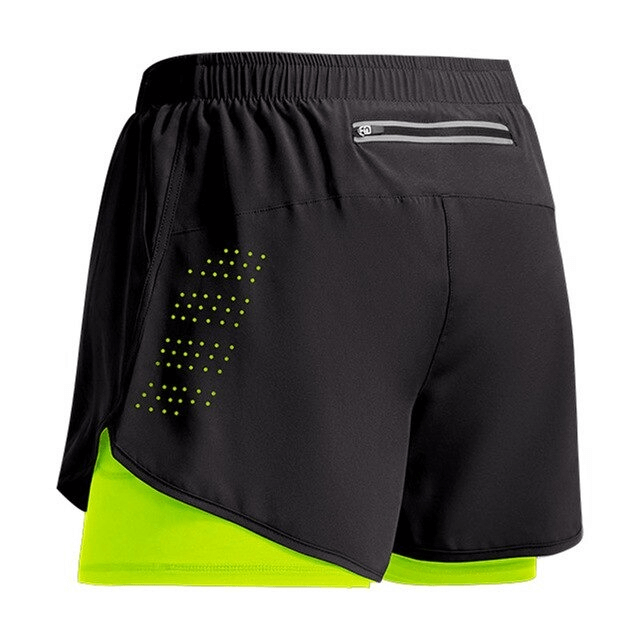 Black double-deck men's training shorts with neon green layer, pocket back, and drawstring waist, ideal for workout and sports - SF0440