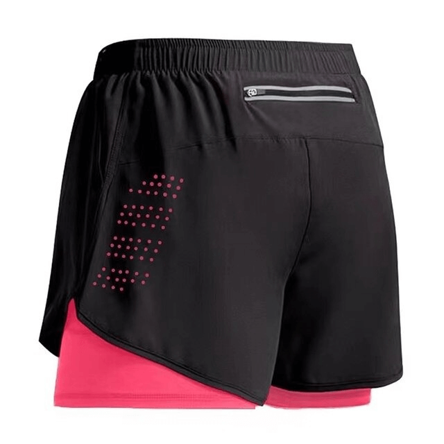 Double-deck men's training shorts, black with pink layer, pocket back and drawstring waist, perfect for sports and workouts.
