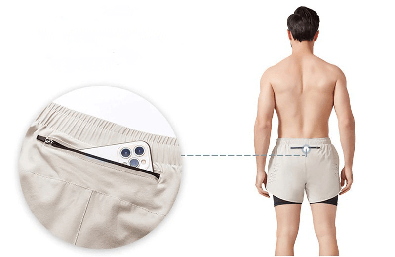 Back view of double-deck men's training shorts with pocket, showing phone storage feature. Ideal for gym, running, and sports activities.