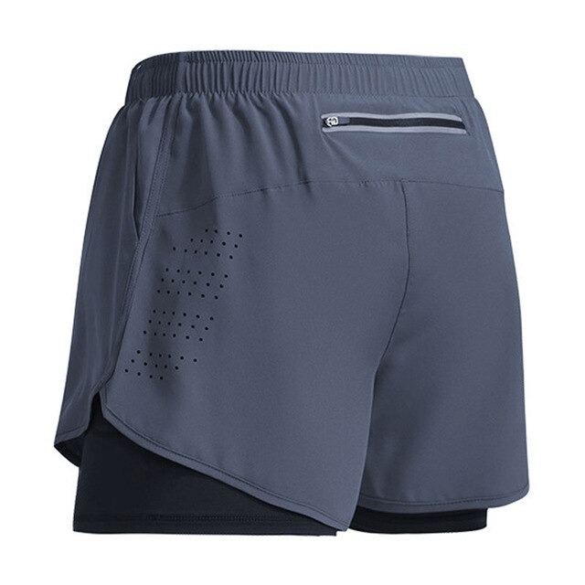 Men's double-deck training shorts with pocket back and drawstring waist, ideal for summer workouts and flexibility, shown in grey.