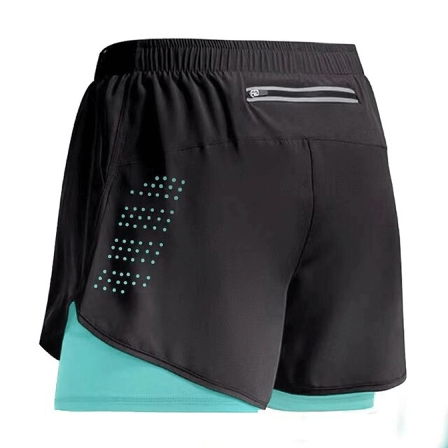Black double-deck men's training shorts with teal inner lining and pocket back, perfect for workouts and sports. Model SF0440.