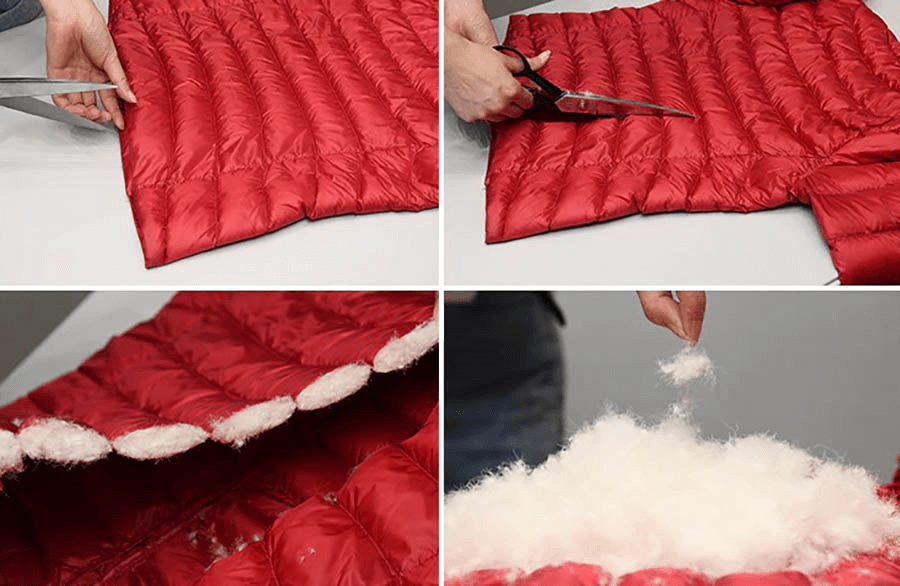 Crafting a women's ultra-light duck down parka: Red jacket and white duck down filling showcased in detailed process images.
