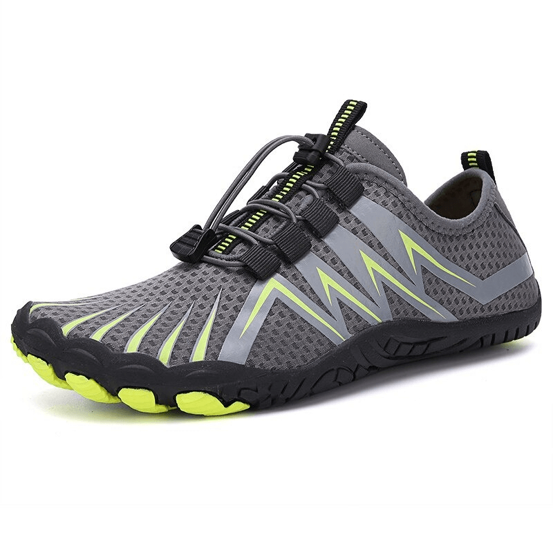 Grey and neon yellow drainage antiskid sole sports breathable swimming shoes with elastic band closure, perfect for aquatic activities.