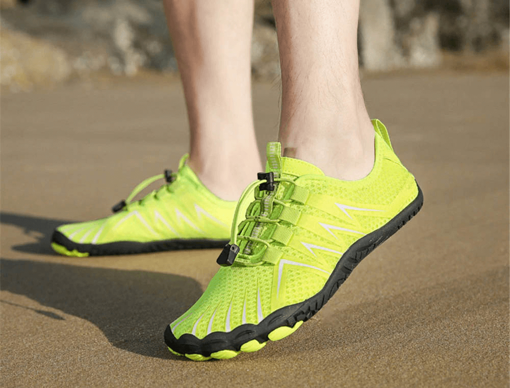 Neon yellow drainage antiskid sole sports shoes for swimming, featuring stretch fabric and rubber outsole for superior grip.