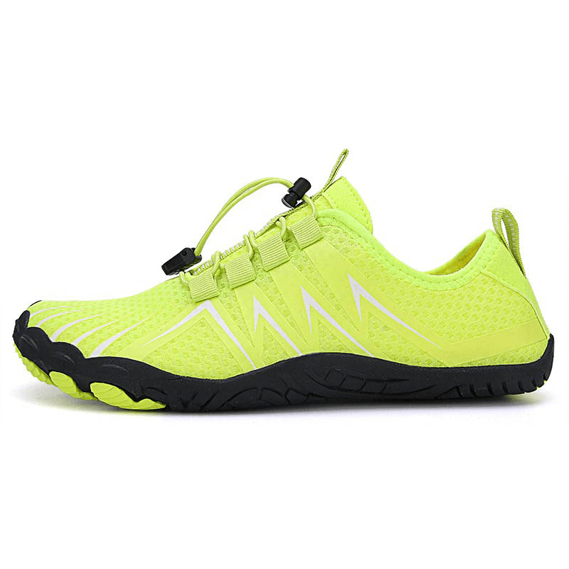 Bright yellow drainage antiskid sole sports breathable shoes for swimming, side view with elastic band closure, perfect for aquatic activities.