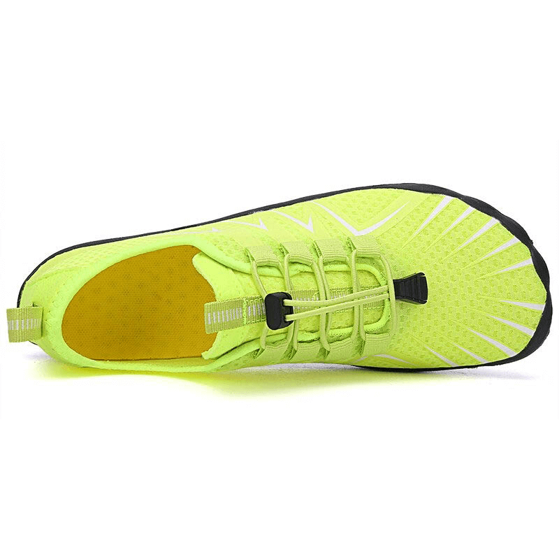 Top view of neon green Drainage Antiskid Sole Sports Breathable Shoes for Swimming with stretch fabric and elastic band closure.
