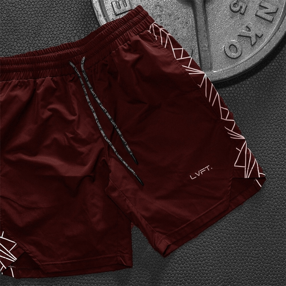 Burgundy drawstring running shorts for men, perfect for gym or outdoor workouts, with quick-dry fabric and comfortable fit.