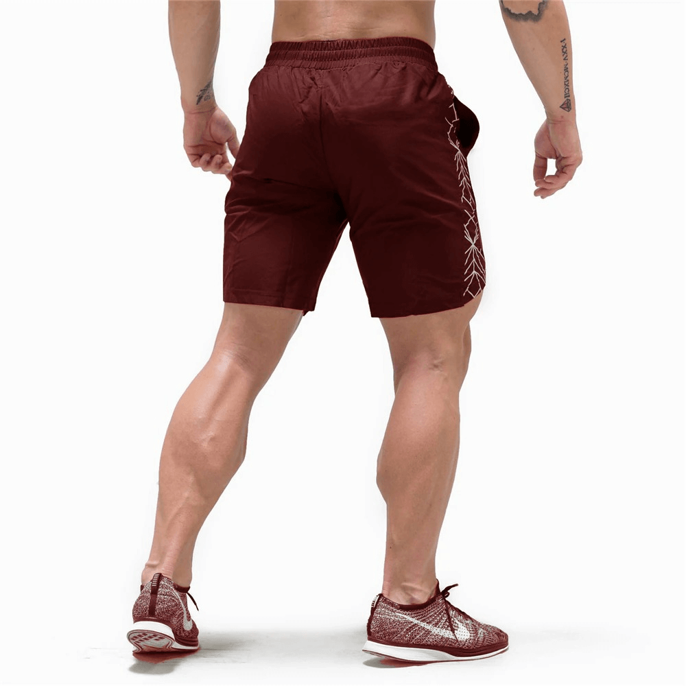 Men's burgundy drawstring running shorts for gym and fitness, showing back view with quick-drying polyester for comfort and support.