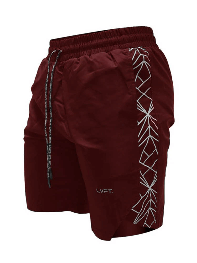 Men's burgundy running shorts with drawstring and geometric design, ideal for bodybuilding and gym workouts.