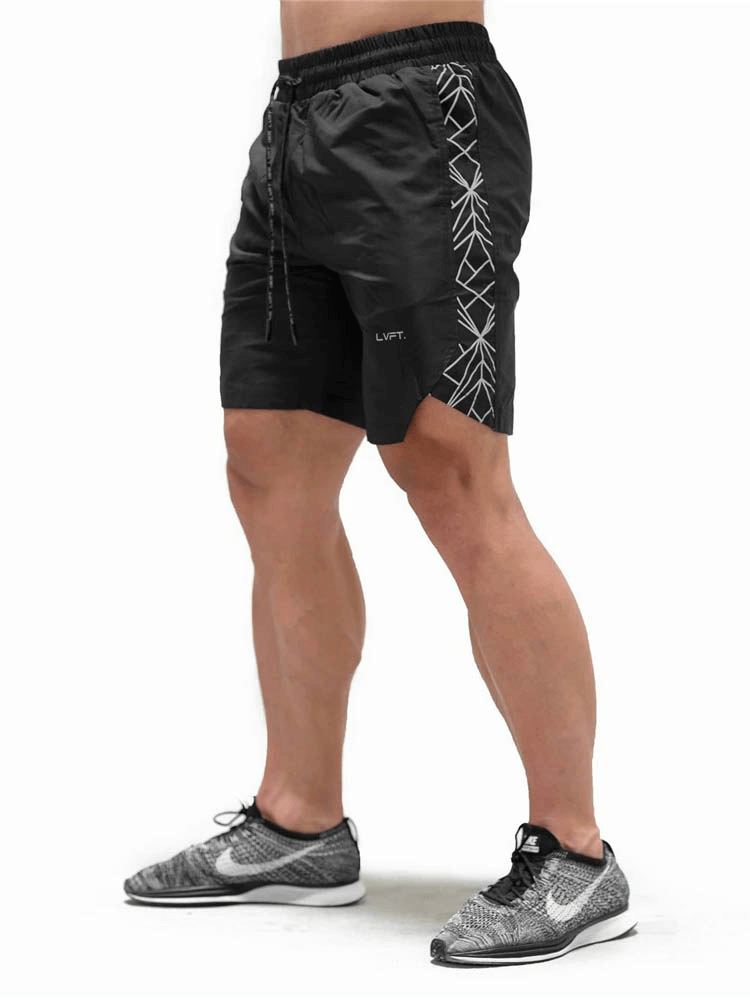 Men's drawstring running shorts in solid black, designed for gym and bodybuilding. Perfect for running, jogging, and workout sessions.