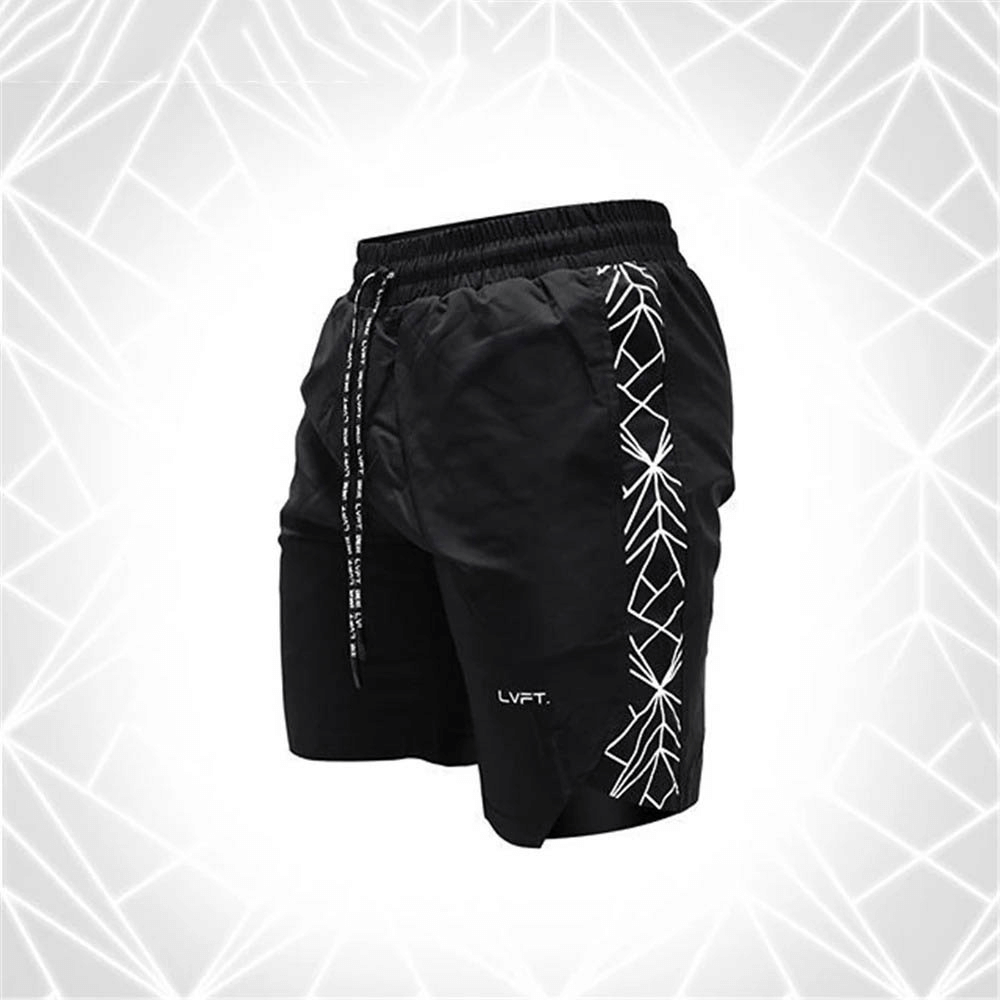 Black drawstring running shorts for men with geometric pattern, ideal for gym and fitness activities. Quick-drying and comfortable fit.