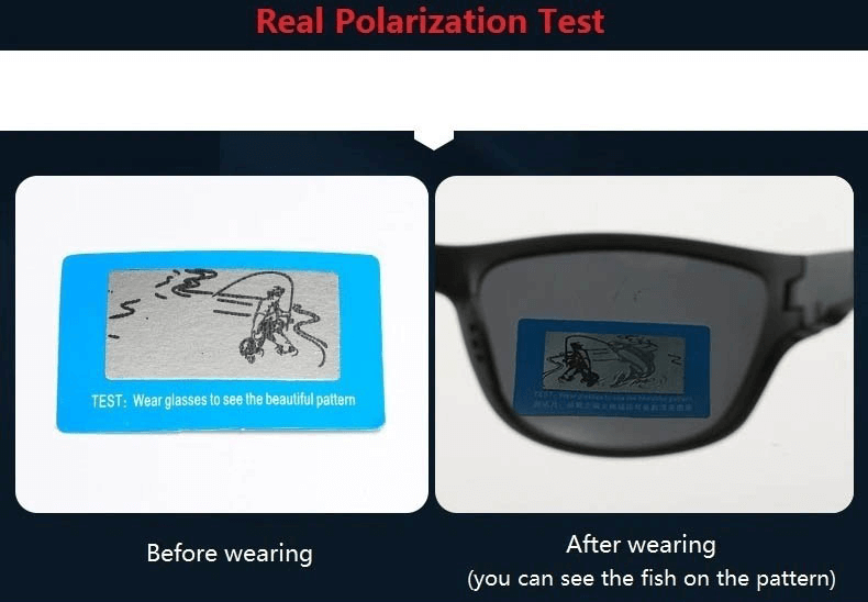 Polarized sunglasses real polarization test with before and after view, showcasing improved clarity and visibility of pattern.