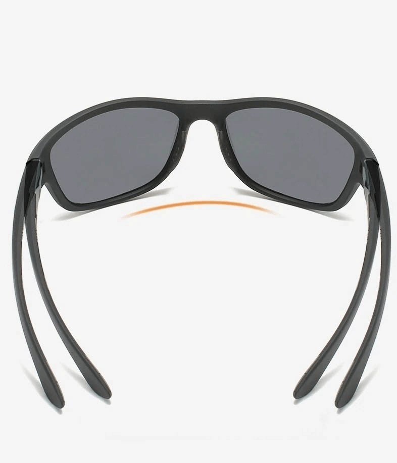 Back view of Driving Sports Polarized Sunglasses SF0226 with black plastic frames and grey UV400 polycarbonate lenses, perfect for outdoor activities.