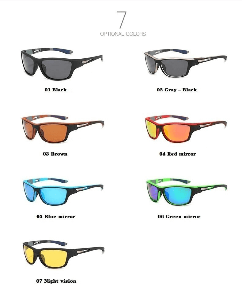 Seven color options of Driving Sports Polarized Sunglasses - SF0226; includes black, gray, brown, red, blue, green, and night vision.