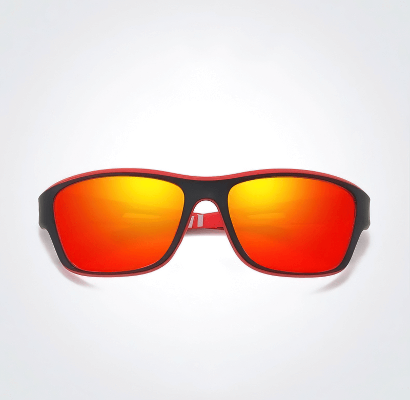 Sleek polarized sports sunglasses with vibrant red-orange lenses and black-red plastic frame, perfect for outdoor adventures.