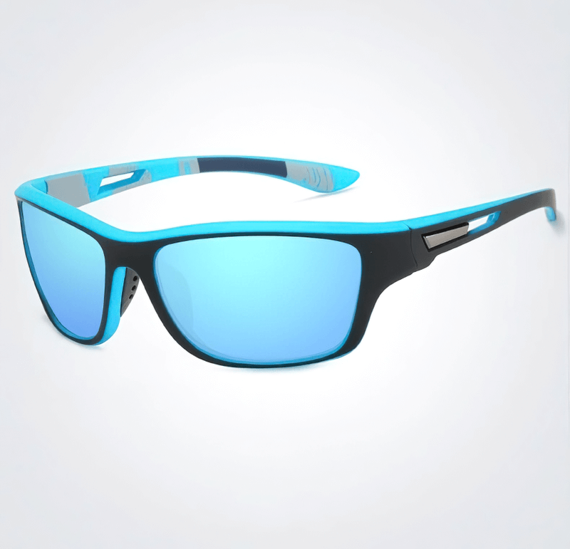 Driving sports polarized sunglasses with blue plastic frames and UV400 protection for outdoor activities like hiking and fishing, model SF0226.
