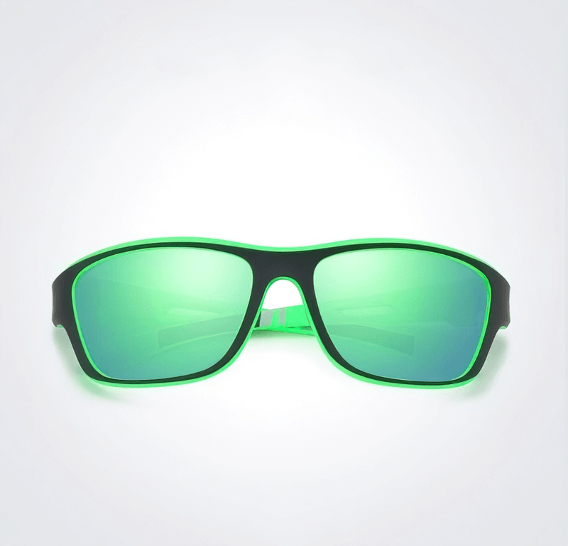 Vintage hiking sunglasses with green polarized lenses and black frame, ideal for sports and outdoor activities, providing UV400 protection.