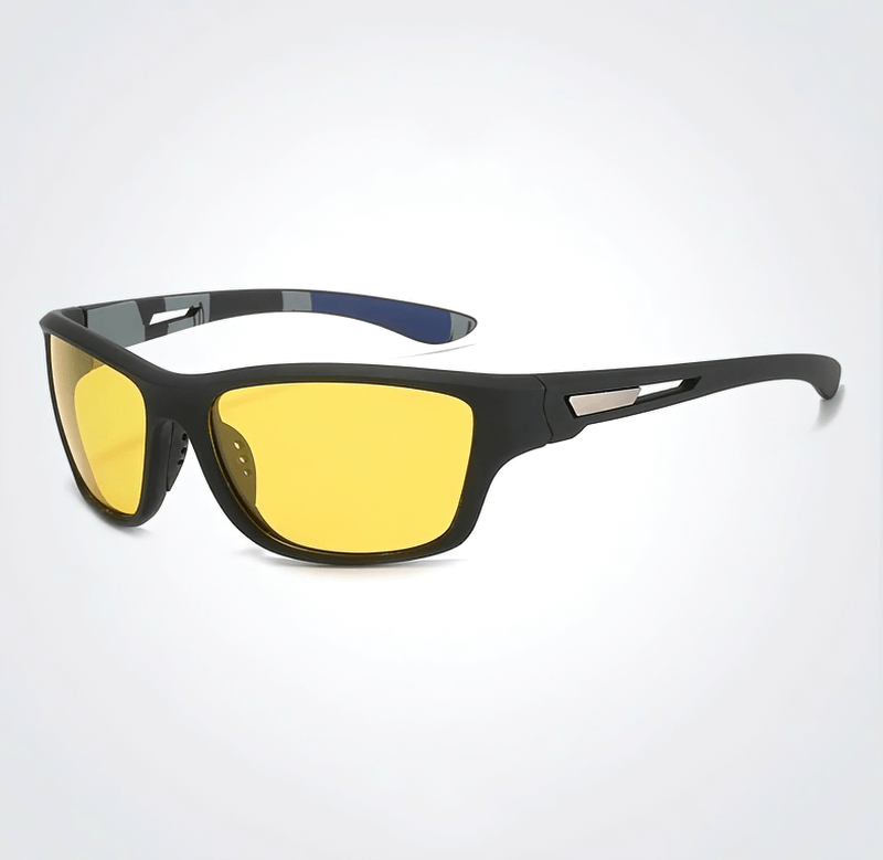Driving Sports Polarized Sunglasses SF0226 with UV400 protection, black frame, and yellow lenses for outdoor activities.