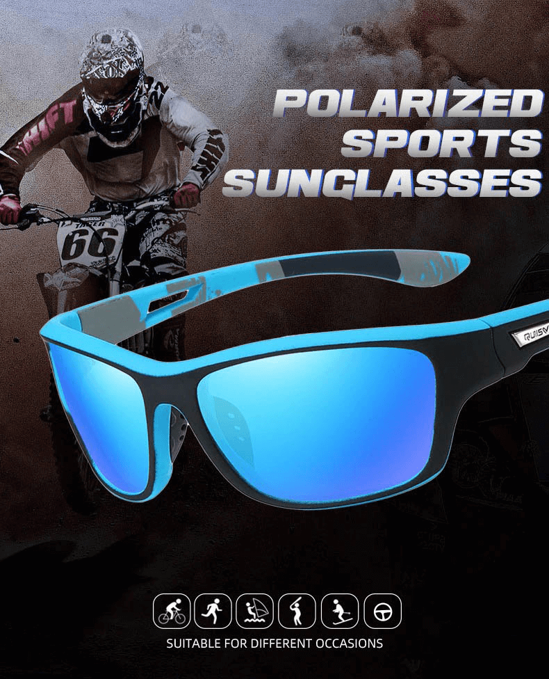 Cooling blue polarized sports sunglasses with UV400 protection, perfect for hiking, driving, and outdoor adventures.