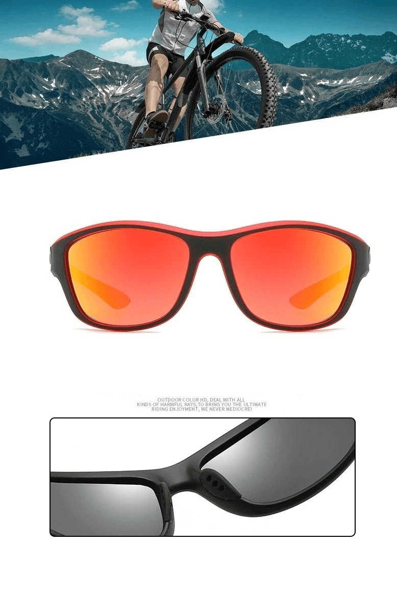 Unisex polarized sports sunglasses with red lenses, ideal for driving and hiking, offering UV400 protection and anti-glare features.