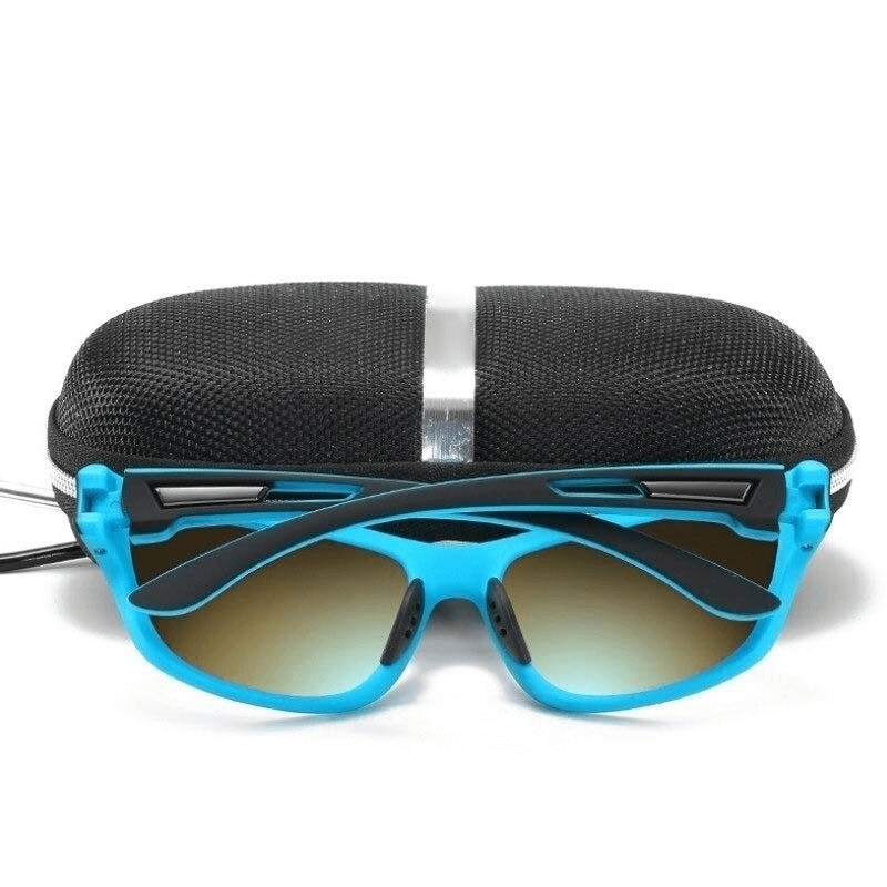 Driving Sports Polarized Sunglasses SF0226 with blue frames and case for UV protection and style on outdoor adventures.