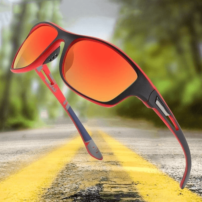 Driving Sports Polarized Sunglasses on a road, featuring UV400 protection and glare reduction. Ideal for outdoor adventures.