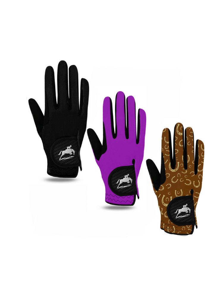Stylish women's elastic anti-slip horse riding gloves in black, purple, and brown colors.