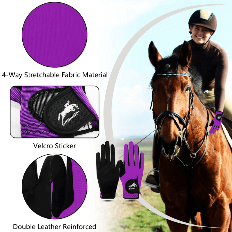 Purple elastic anti-slip women's horse riding gloves with securable velcro sticker and double leather reinforced palms